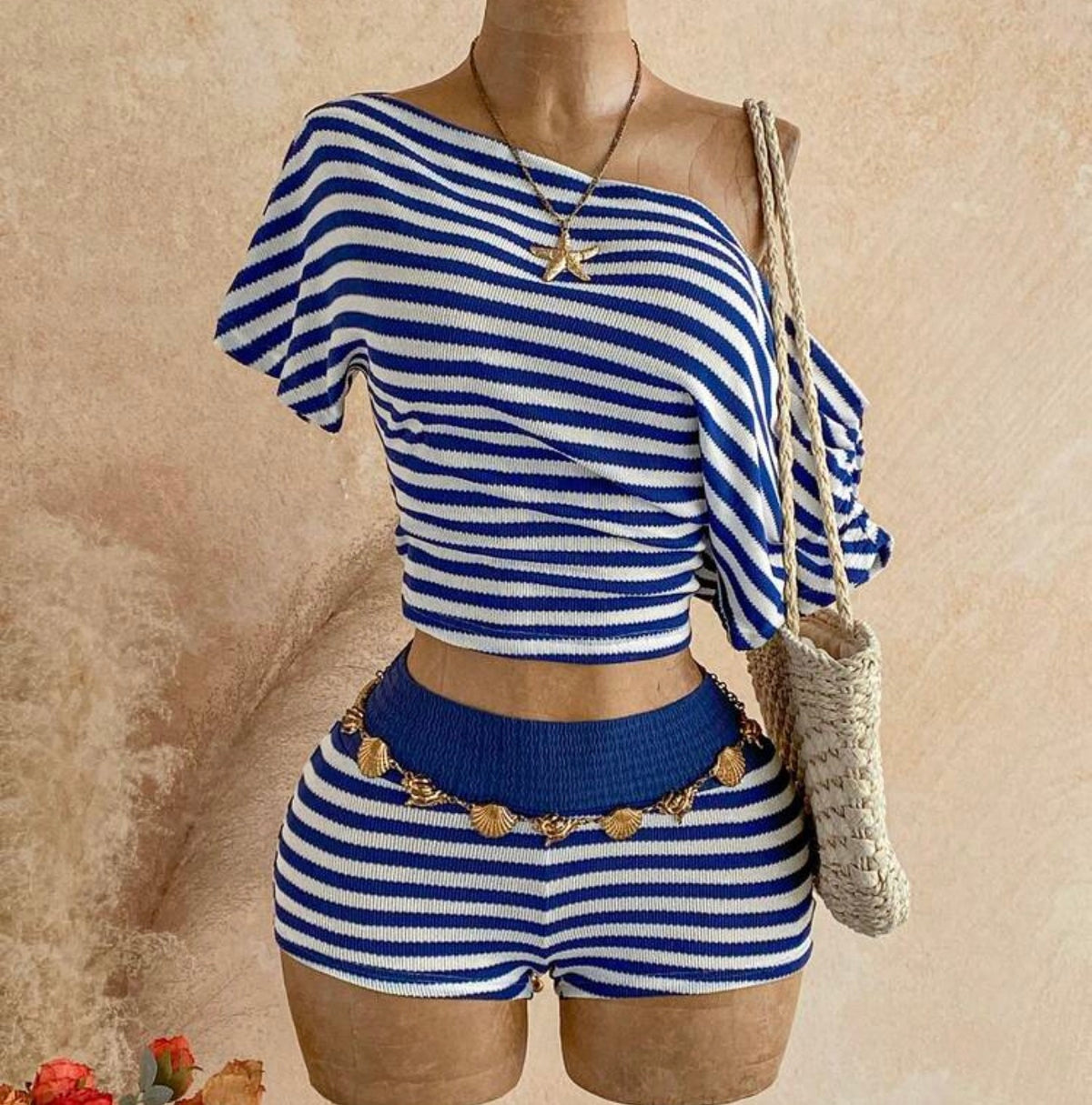 Soleia Women's Vacation Multi-Way Wear Backless Design Blue And White Striped Top And Shorts Set Beach Summer Sailor