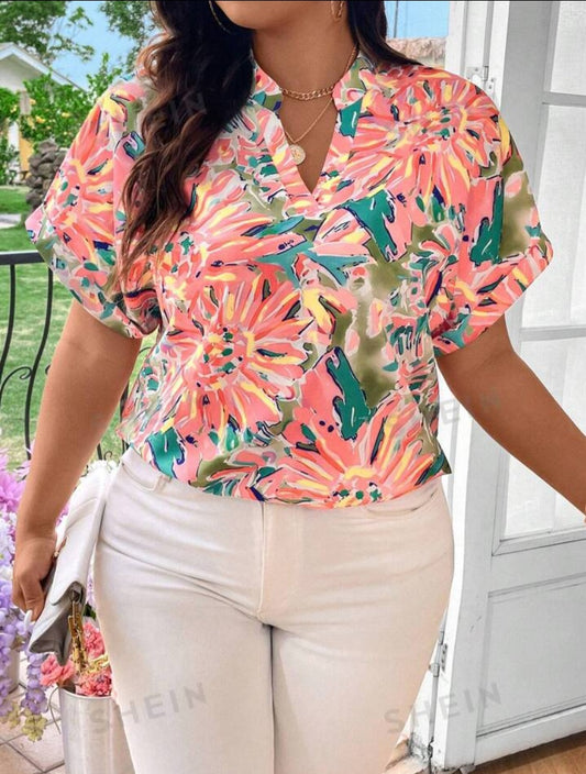 Plus Size Floral Print Notched Collar Batwing Sleeve - Special Order Marsha