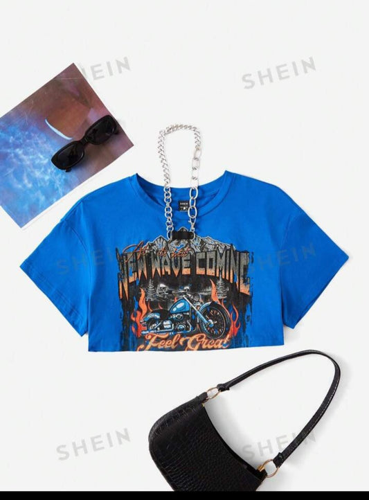 Motorcycle & Letter Graphic Crop Top - Special Order Marsha