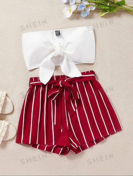 Women's Front Tie Bandeau Top & Striped Shorts Woven Set - Special Order Marsha