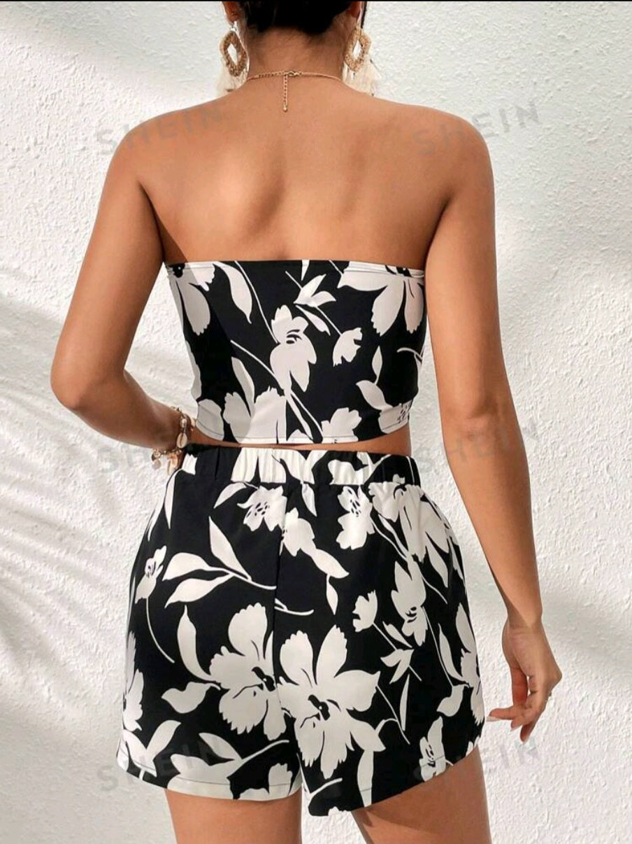Floral Print Knot Front Tube Top & Shorts Two Piece Baech Set