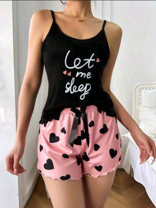 Heart & Letter Print Cami Top And Shorts Pajama Set (sept 1)