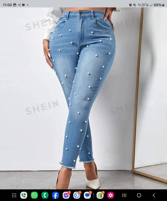 Plus High Waist Pearls Beaded Raw Cut Skinny Jeans