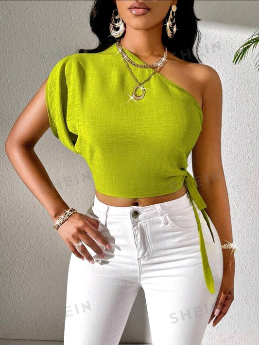 One Shoulder  Batwing Sleeve Drawstring Side Blouse (Oct)