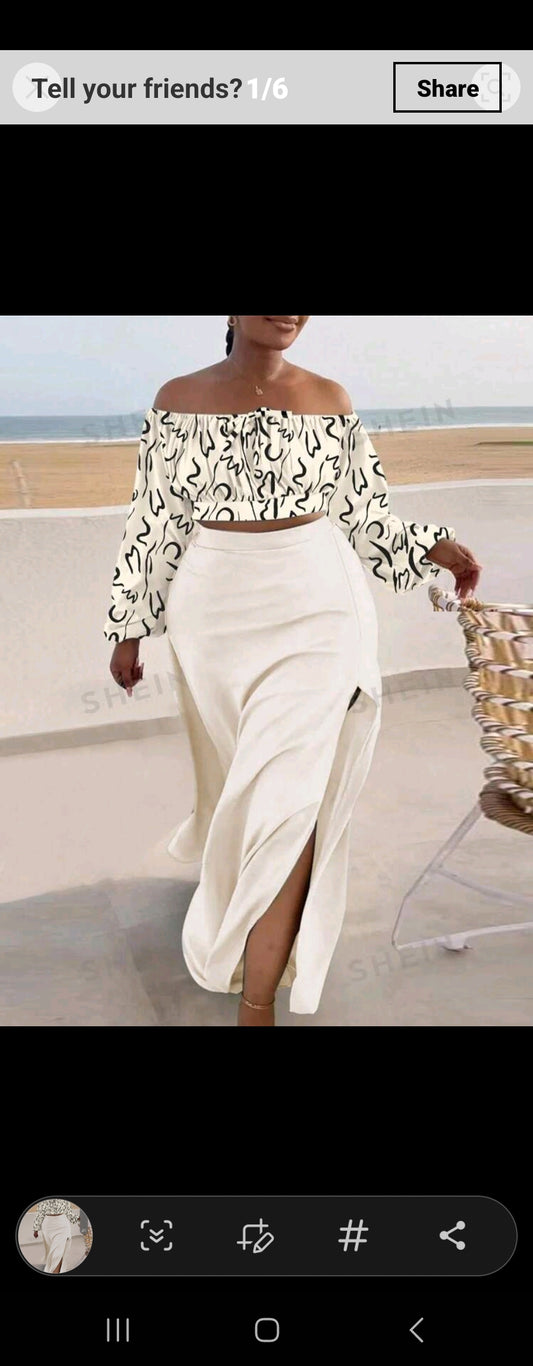 Plus Size Elegant Commuting Style Water Ripple Elements Off Shoulder Top & Split Skirt Summer