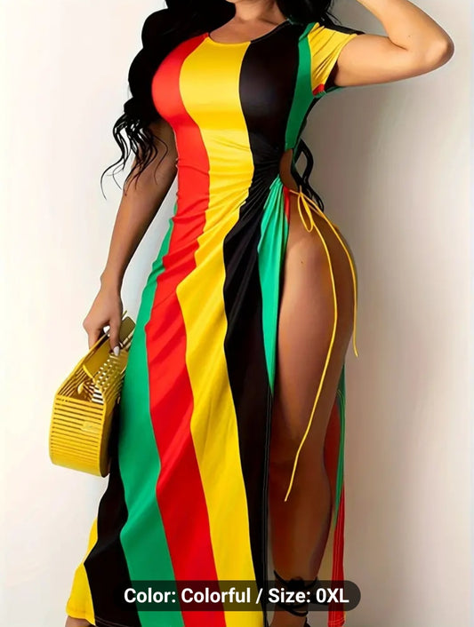 Colorblock Stripe Print Dress - Casual Short Sleeve with Lace Up Detail