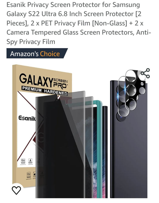 Esanik Privacy Screen Protector for Samsung Galaxy S22 Ultra 6.8 Inch Screen Protector [2 Pieces], 2 x PET Privacy Film [Non-Glass] + 2 x Camera Tempered Glass Screen Protectors, Anti-Spy Privacy Film