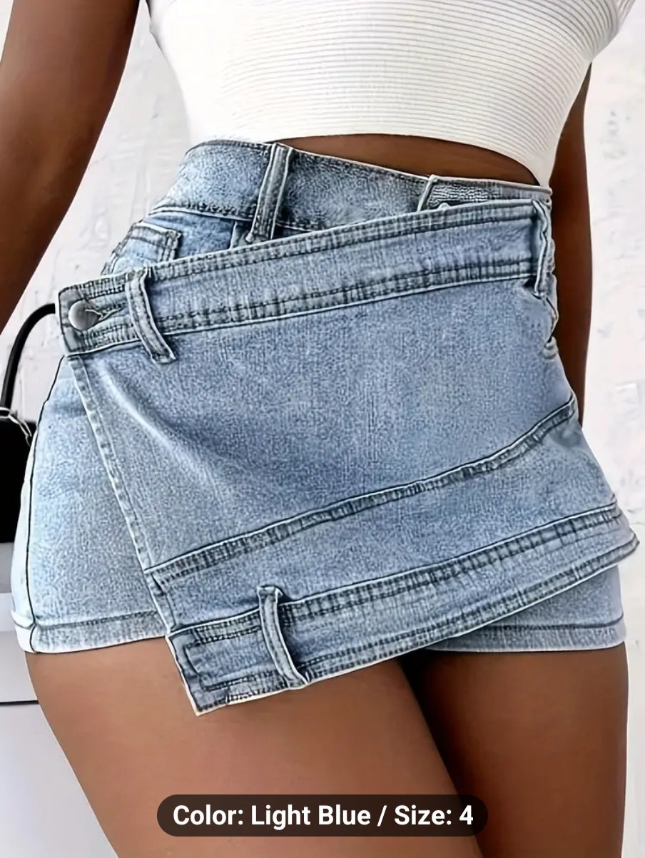 Womens Chic High Waist Denim Skort Shorts - Fashion-Forward Crossover Design - Perfect for Summer Casual Wear - Light Blue Jean Fabric - Comfortable & Stylish