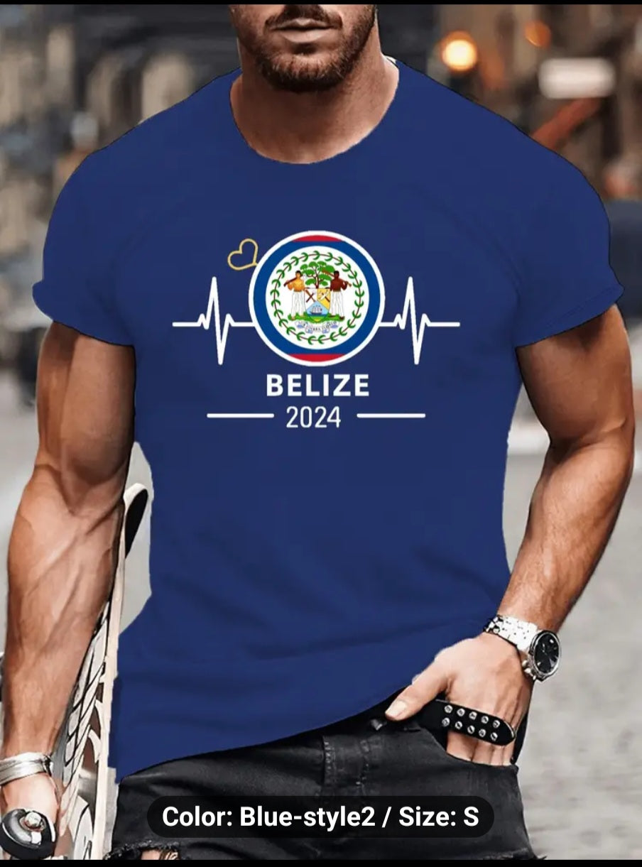 Flag Belize Printed Men's T-Shirt - Casual Short Sleeve Crew Neck Tee For Summer - Breathable Polyester Knit Fabric - Machine Washable