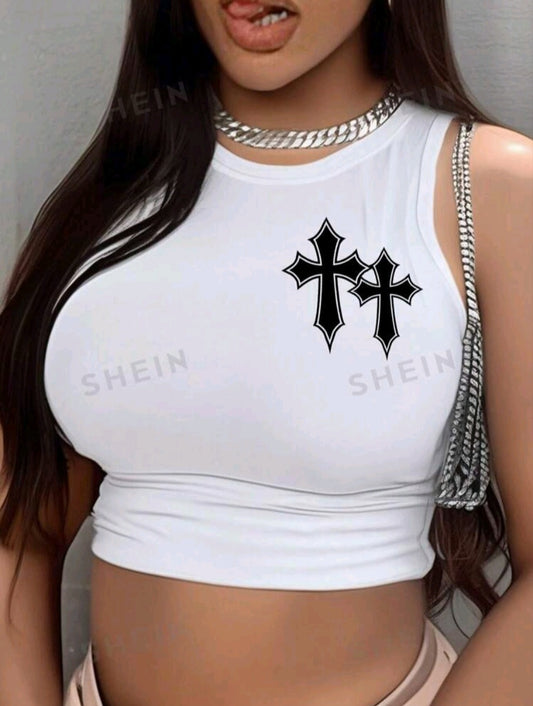 SHEIN Slayr Casual Minimalist Cross Graphic Round Neck Slim Fit Tank Top For Women, Suitable For Summer, Contains Cotton