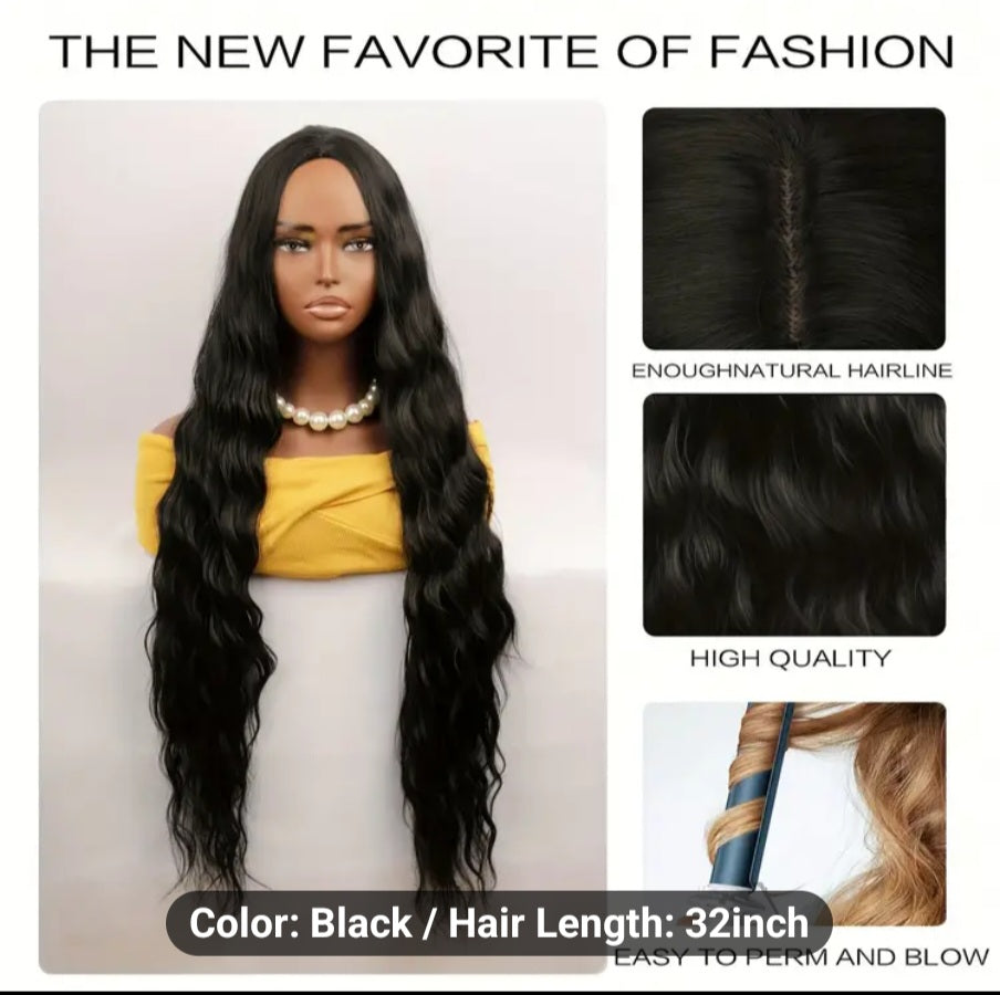32" Extra-Long Deep Wave Black Wig for Women - Heat Resistant, 150% Density Synthetic Hair with Middle Part, Rose Net Cap, Natural Looking, Soft to Touch, Breathable, Perfect for Daily Wear, Cosplay, and Special Occasions