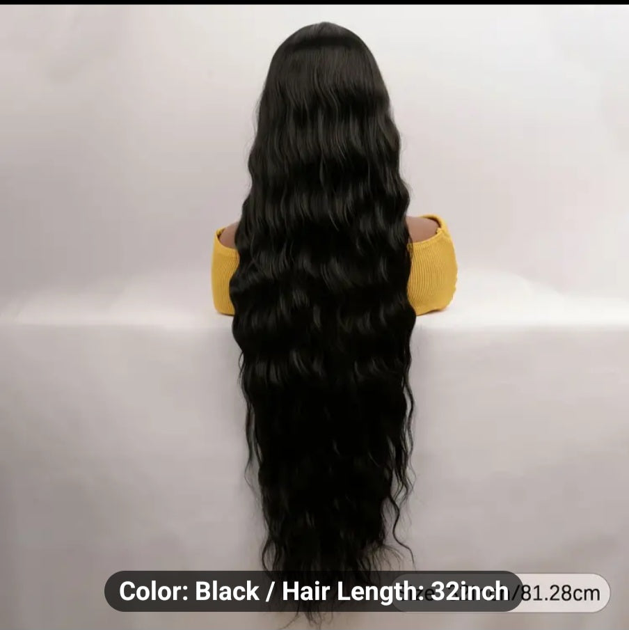 32" Extra-Long Deep Wave Black Wig for Women - Heat Resistant, 150% Density Synthetic Hair with Middle Part, Rose Net Cap, Natural Looking, Soft to Touch, Breathable, Perfect for Daily Wear, Cosplay, and Special Occasions