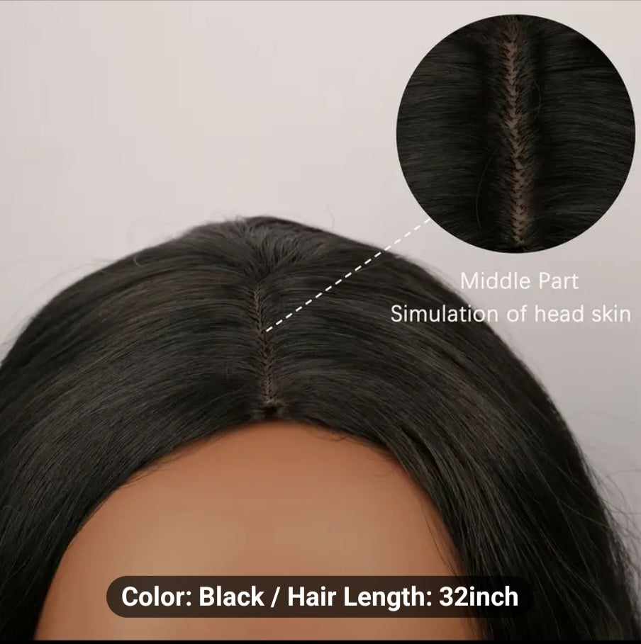 32" Extra-Long Deep Wave Black Wig for Women - Heat Resistant, 150% Density Synthetic Hair with Middle Part, Rose Net Cap, Natural Looking, Soft to Touch, Breathable, Perfect for Daily Wear, Cosplay, and Special Occasions