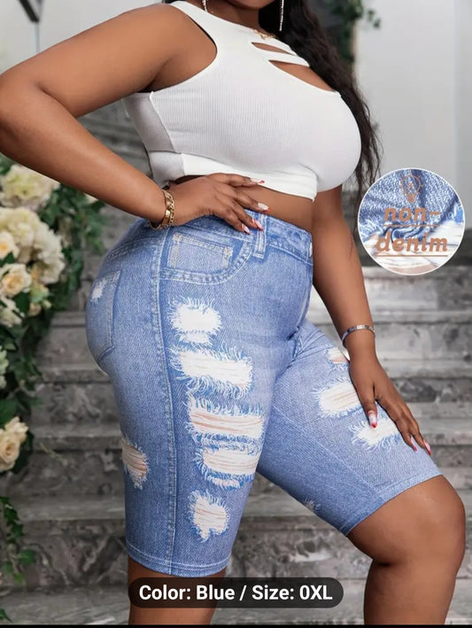 Plus Size Ripped Print Skinny Shorts - Comfortable, Stretchy, Faux Denim Leggings for Everyday Wear - Women's Casual, High-Waisted, Soft, Breathable, and Adjustable Clothing (14)