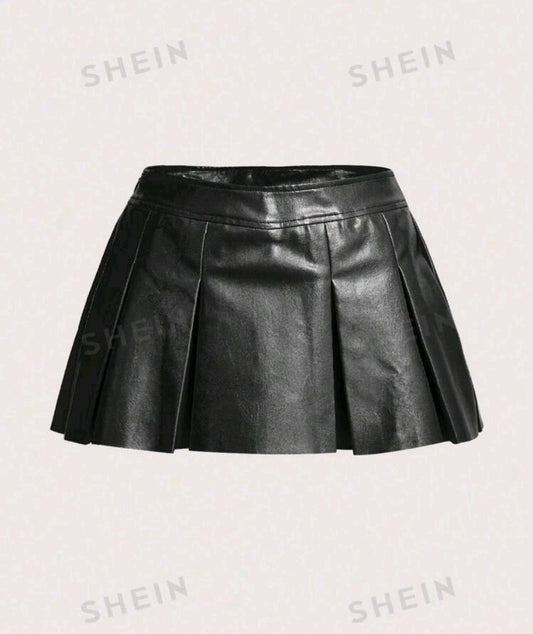SHEIN X Antonella SHEIN ICON Solid PU Leather Pleated Skirt