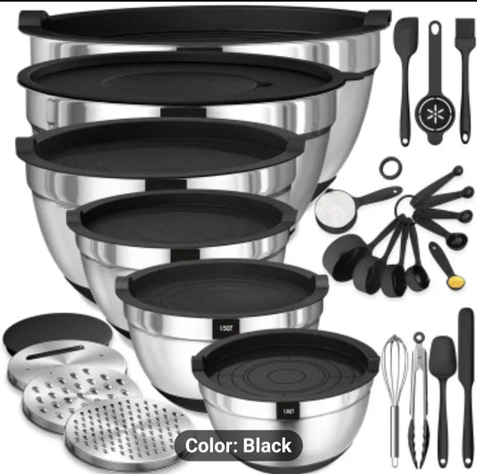 27pcsMixing Bowls With Lids Set, 7 PCS Stainless Steel Mixing Bowls With 3 Grater Attachments