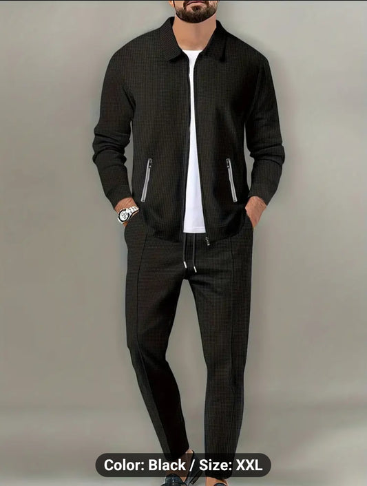 Men's Casual 2-Piece Outfit, Solid Color Jacket & Drawstring Pants Set, Breathable Comfy Full Zip Jacket & Pants Set