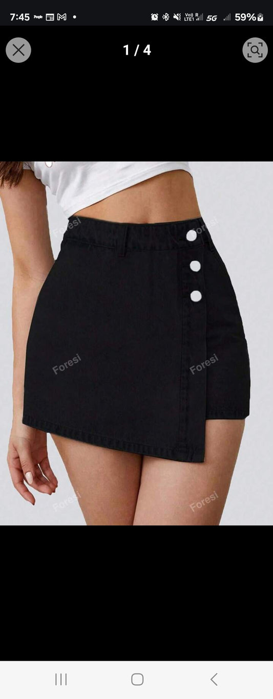 Button Front Asymmetric Denim Skort