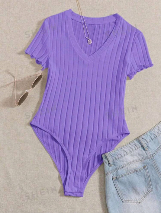 SHEIN EZwear Plus Lettuce Trim Ribbed Knit Bodysuit