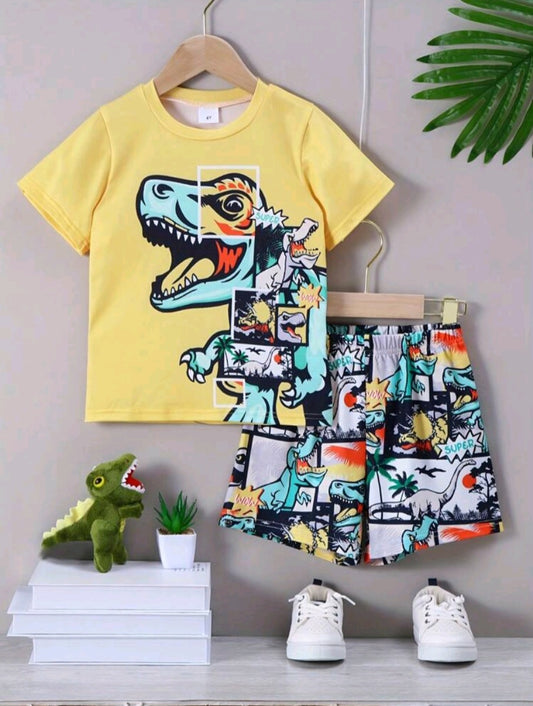 2pcs Young Boy Colorful Dinosaur Printed Short Sleeve T-Shirt And Shorts Set, Summer