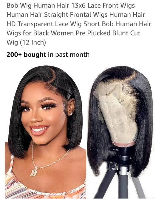 Bob Wig Human Hair 13x6 Lace Front Wigs Human Hair Straight Frontal Wigs Human Hair HD Transparent Lace Wig Short Bob Human Hair Wigs for Black Women Pre Plucked Blunt Cut Wig (12 Inch)