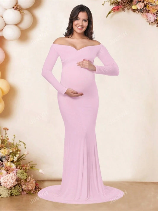 Pregnant Women's Off-Shoulder Long Sleeve Bodycon Floor Length Maxi Dress
