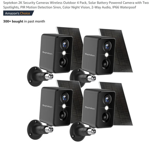 Septekon 2K Security Cameras Wireless Outdoor 4 Pack, Solar Battery Powered Camera with Two Spotlights, PIR Motion Detection Siren, Color Night Vision, 2-Way Audio, IP66 Waterpoof