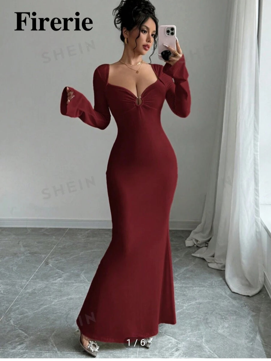 Firerie Women's Elegant Solid Color Decorative Button Long Dress