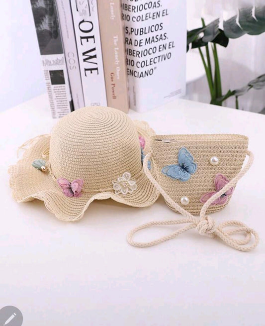 2pcs/Set Cartoon Butterfly Kids' Sun Hat And Bag, Cute Boys' Girls' Beach Cap For Daily Or Vacation