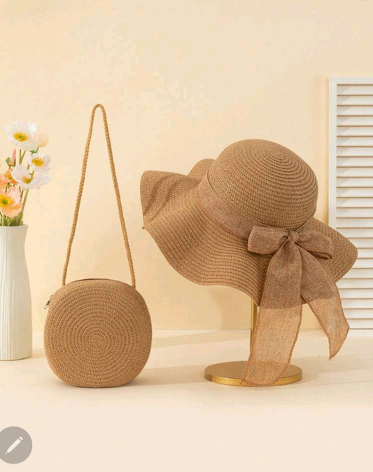 Boho 2pcs/Set Khaki Wave Pattern Beach Sun Hat And Round Woven Bag, Suitable For Daily Vacation Travel