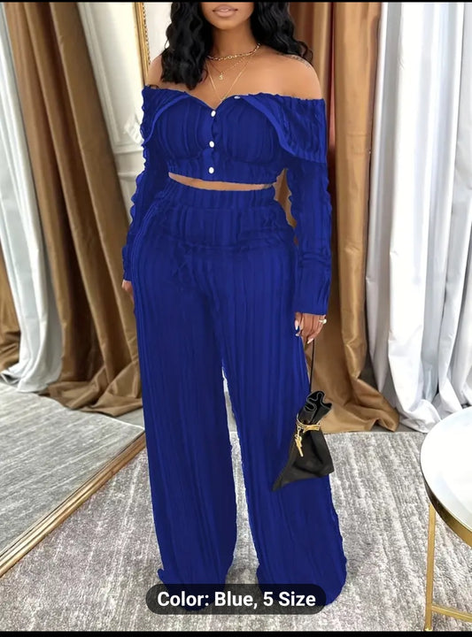 Durable Build] Elegant Two-Piece Set for Women Featuring a Solid Color Long-Sleeve Off-Shoulder Top with a Sexy Wavy Texture, Paired with Wide-Leg Pants.