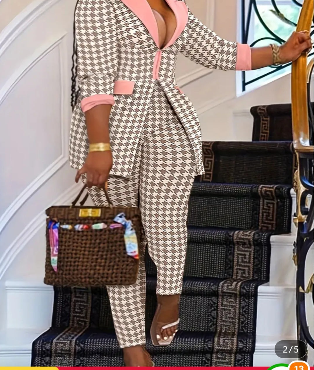 Elegant Special Series Houndstooth Print Polyester Knit Fabric Set - Casual Long Sleeve V-Neck Suit with Pockets, Elastic Waist Trousers, and Blazer for Plus Size Women - For Everyday Wear & Special Occasions - Perfect Gift for Women