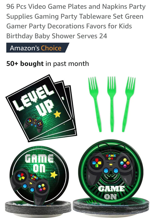 96 Pcs Video Game Plates and Napkins Party Supplies Gaming Party Tableware Set Green Gamer Party Decorations Favors for Kids Birthday Baby Shower Serves 24