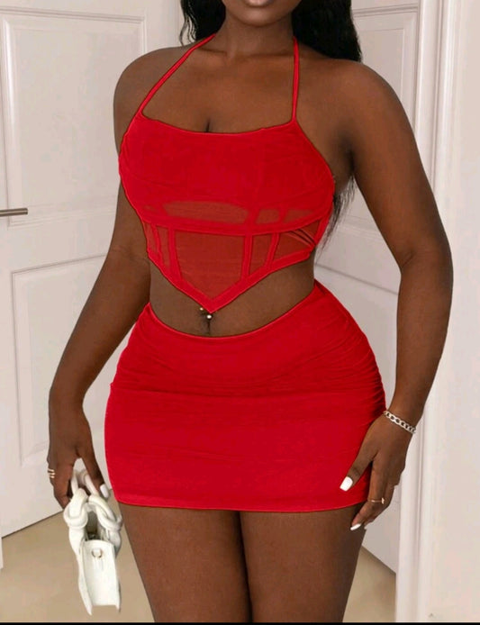 SHEIN Slayr Sexy Holiday Halterneck Fishbone Crop Top & Bodycon Pleated Midi Skirt Set - E