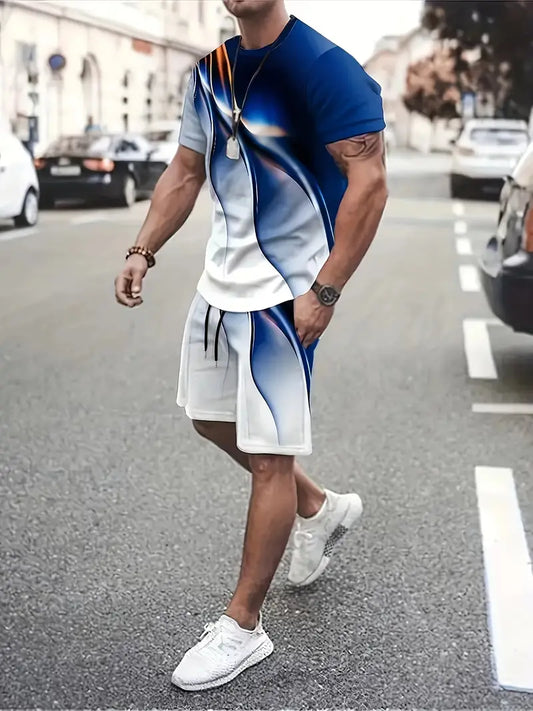 Fashion Blocking Color Men's Crew Neck T-shirt Shorts Set For Summer Sports, Daily Life, Men Clothing, Plus Size