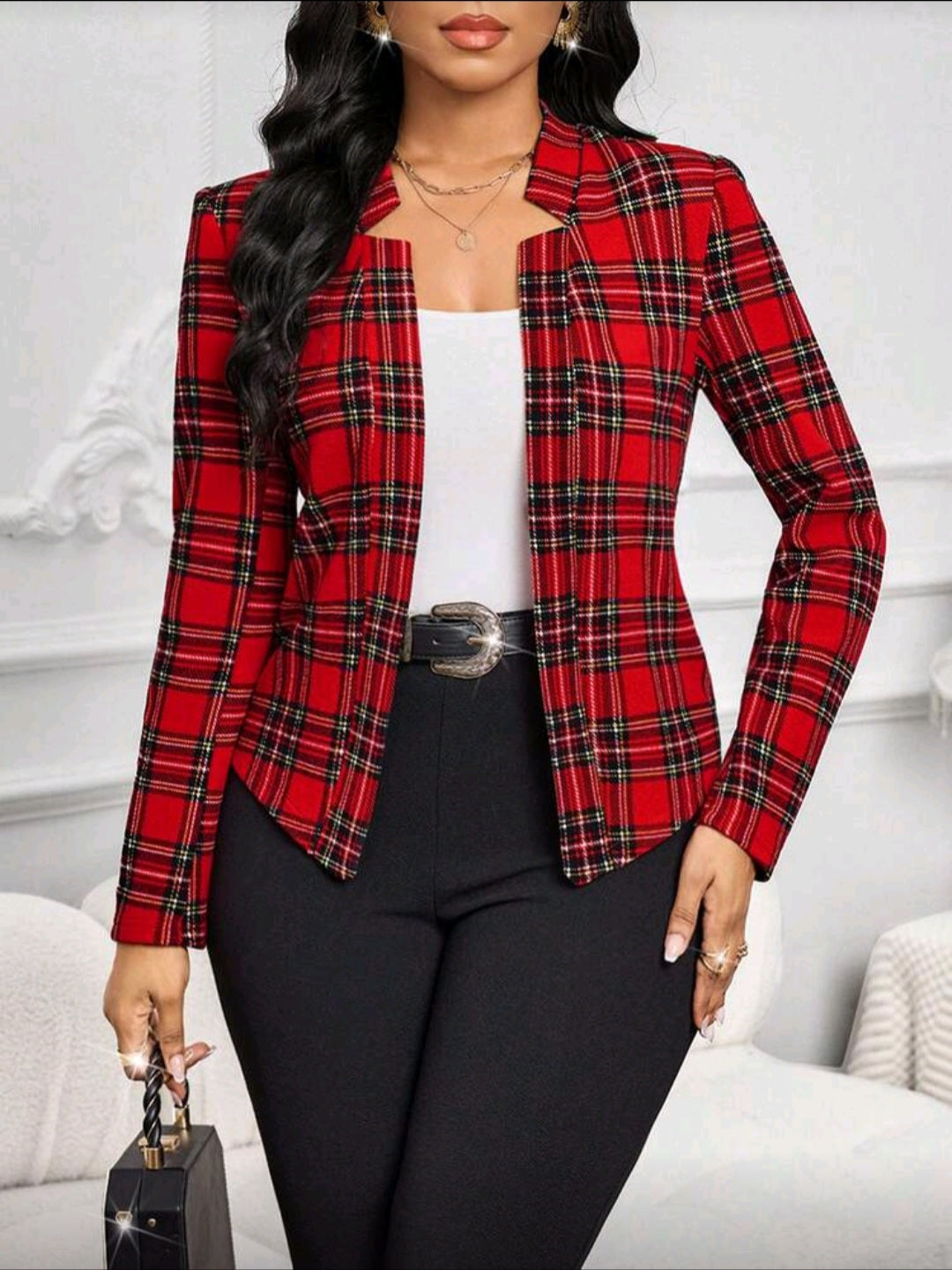 SHEIN Lady Elegant Plaid Cinched Waist Blazer,Fall,Fall Clothes For Women
