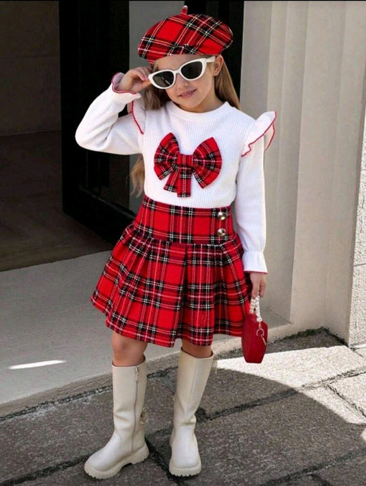 Elladie kids Girls Toddler Knitted Round Neck Cap Sleeve Plaid Bow Decor Top And Plaid Pleated Skirt Set With Beret Hat