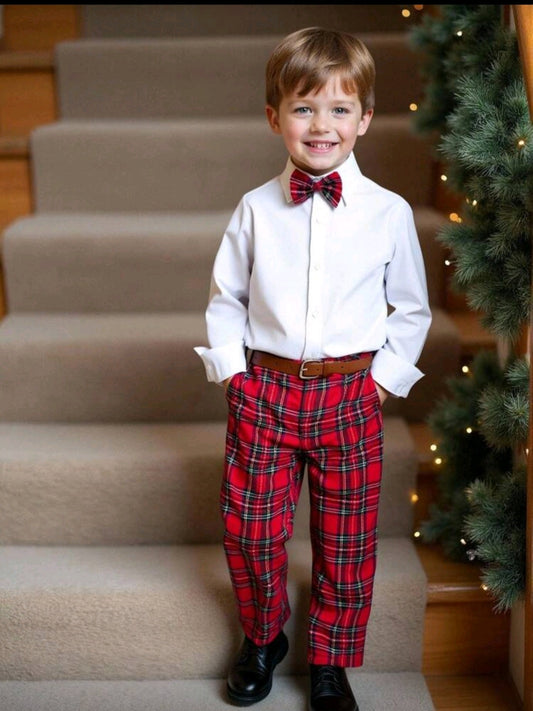 SHEIN 2pcs Young Boys' Gentleman Outfit, Includes White Long Sleeve Button-Down Shirt And Burgundy Plaid Dress Pants With Bow Tie