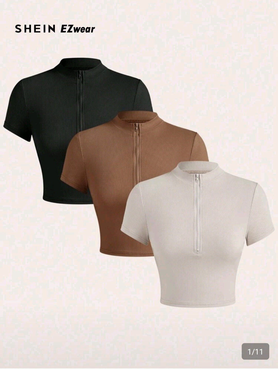 SHEIN EZwear 3pcs Women's Solid Color Short Sleeve Zip-Up Mock Neck Fitted T-Shirts