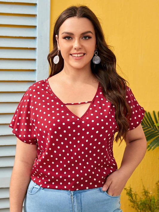 Plus Cut Out Front Polka Dot Top (V)
