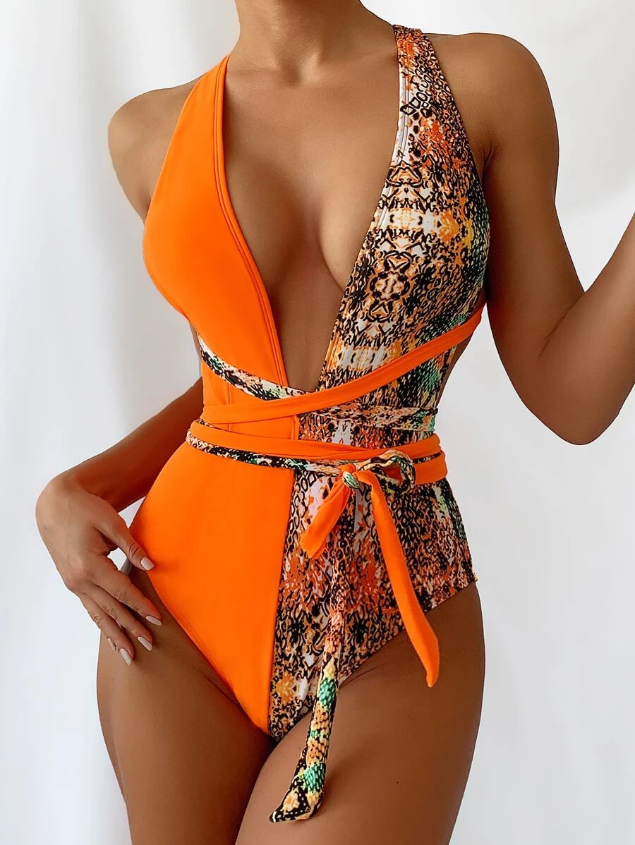 Snakeskin Knot Front Plunging One Piece Swimsuit (v)