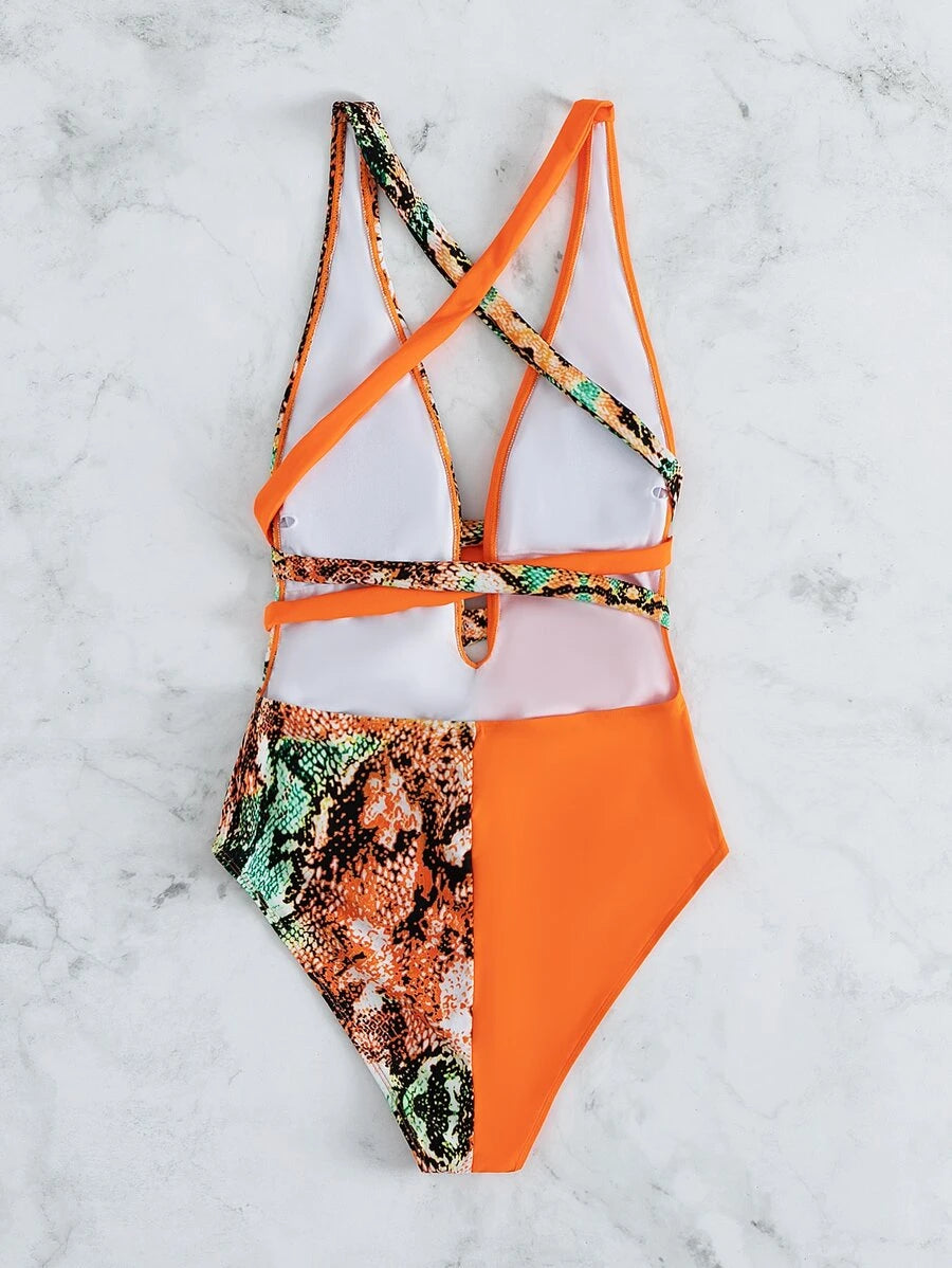 Snakeskin Knot Front Plunging One Piece Swimsuit (v)