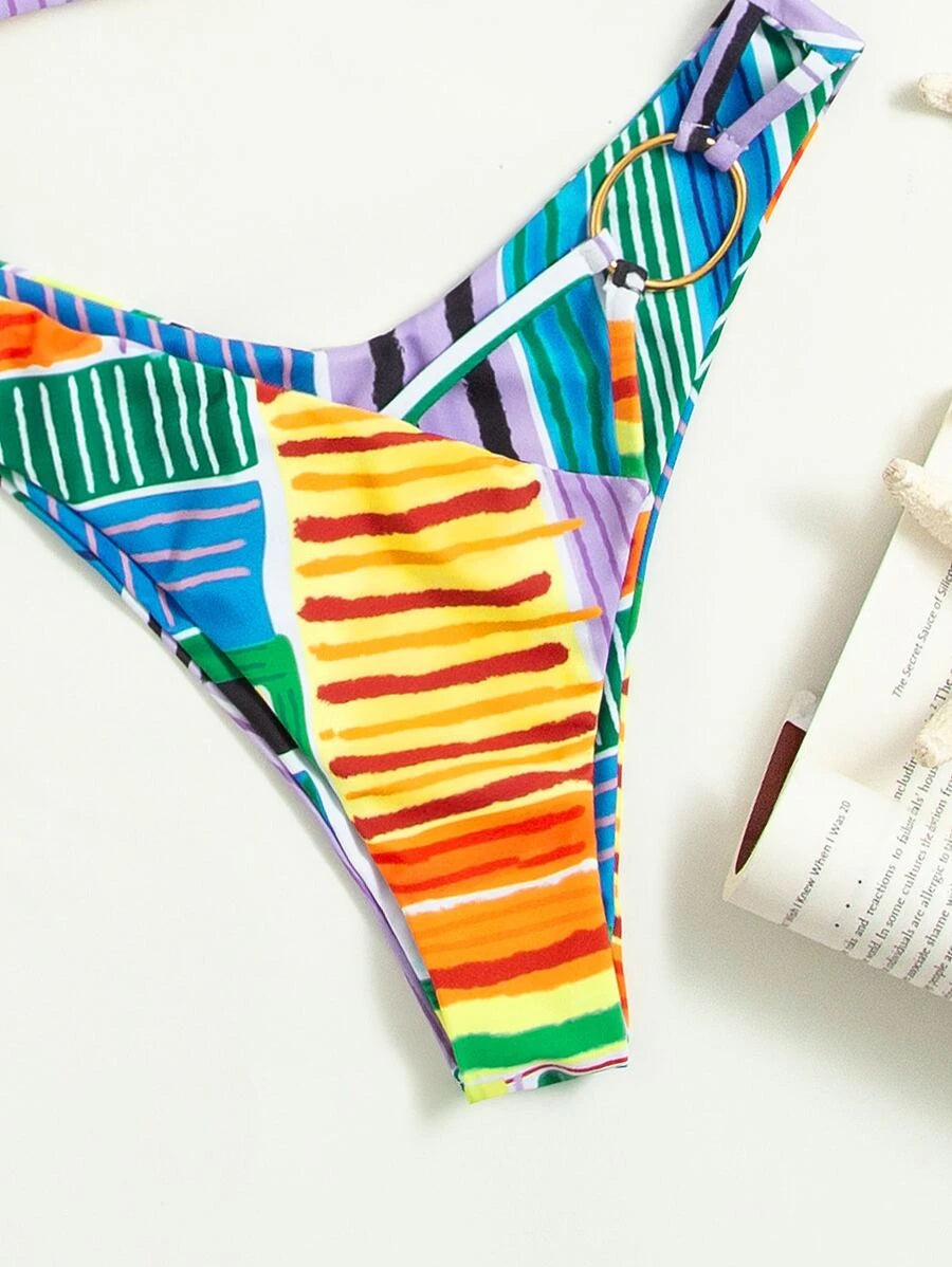 Patchwork Ring Linked Halter Bikini Swimsuit