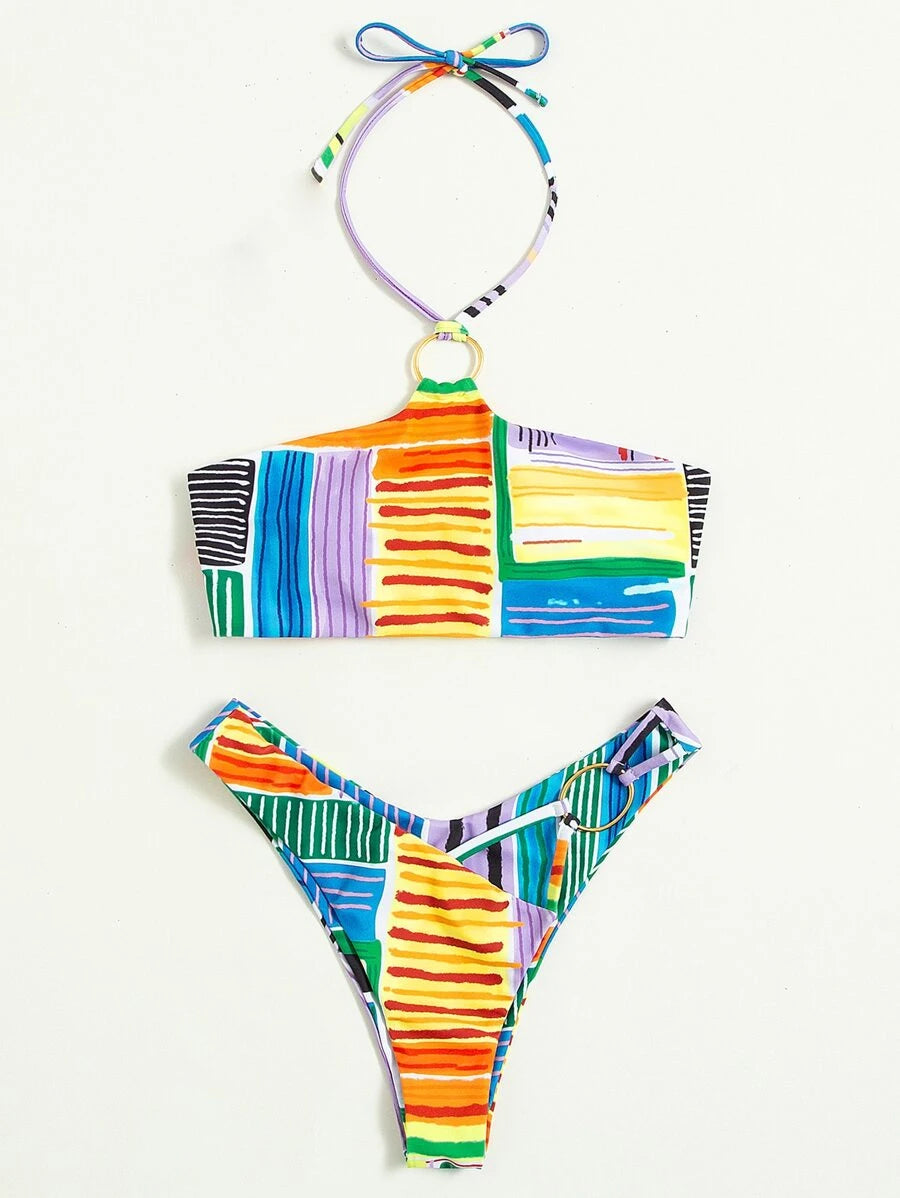 Patchwork Ring Linked Halter Bikini Swimsuit