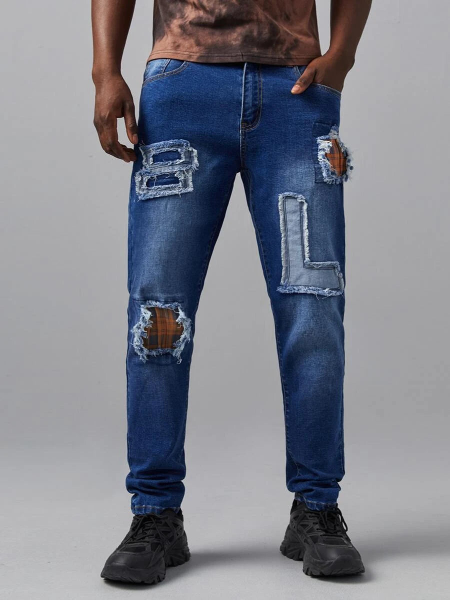 Guys Plaid Distressed Jeans