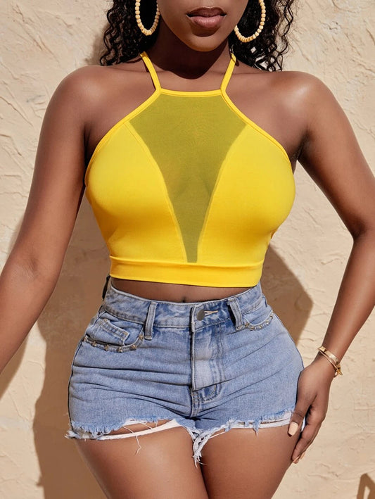 Contrast Mesh Criss Cross Back Cami Top - Yellow (verified)