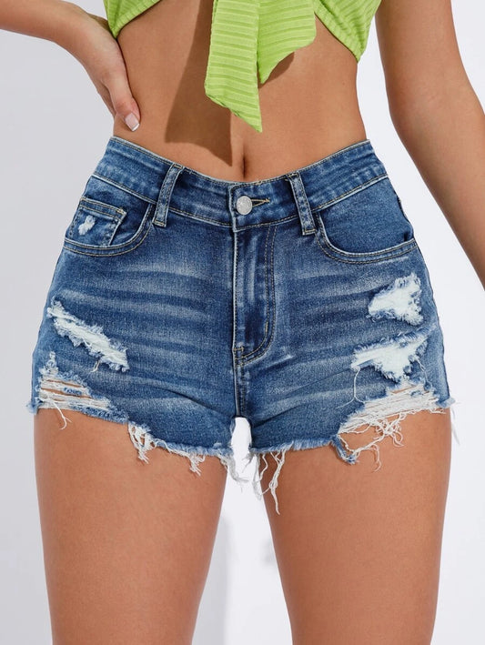 Ripped Raw Trim Denim Shorts (A)