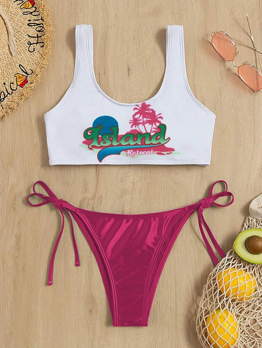 Letter Graphic Bikini Swimsuit - Pink