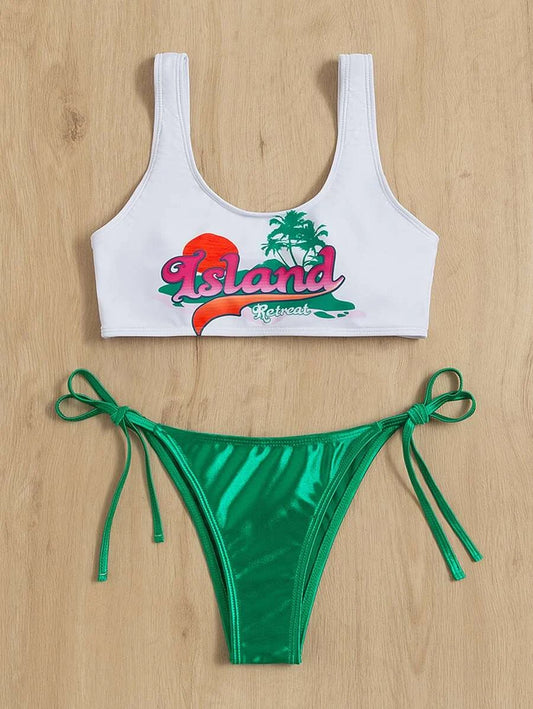 Letter Graphic Tie Side Bikini Swimsuit - Green