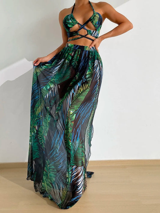 Palm Leaf Print Criss Cross Halter Bikini Swimsuit - Available April 1